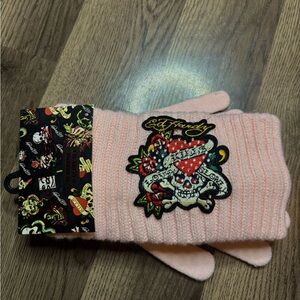 NWT Ed Hardy Pink Gloves and Headband Set